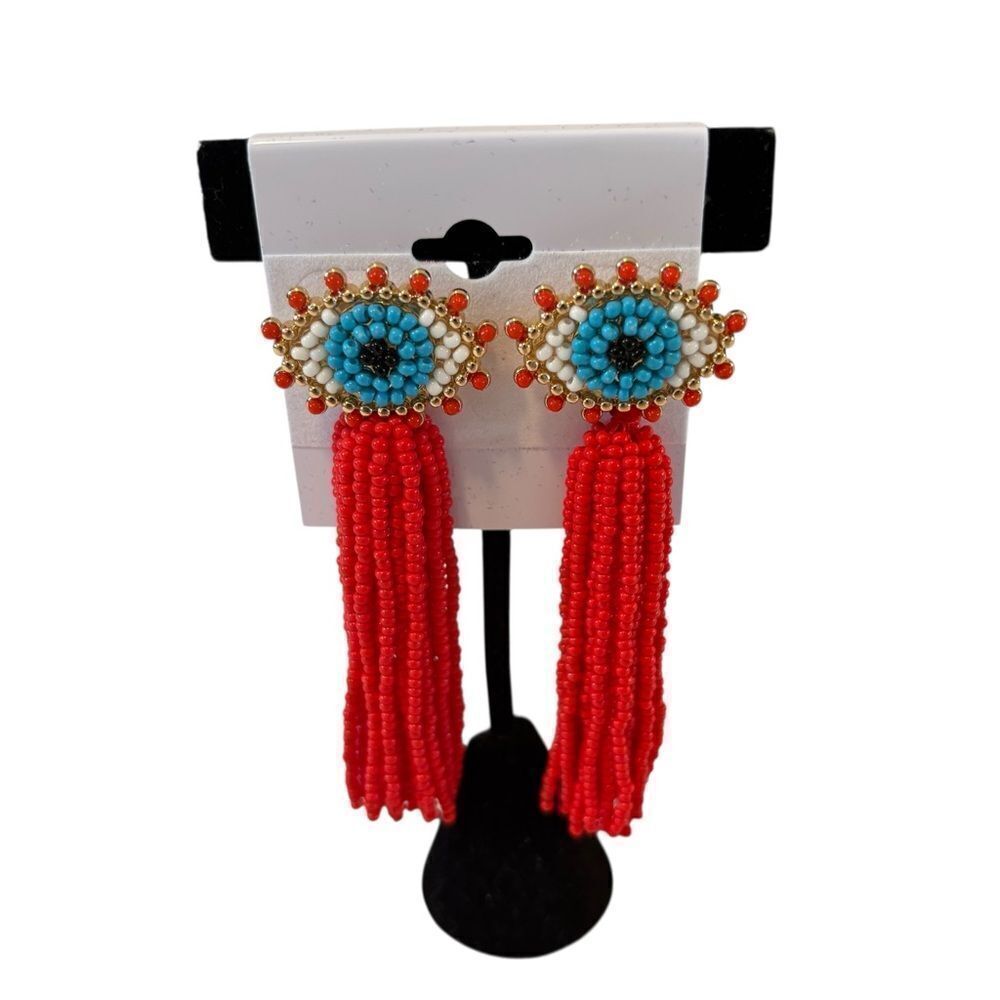 Baublebar Beaded Evil Eye Red Tassel Earrings. Super Fun!